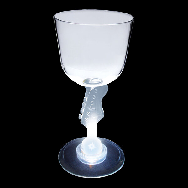 A clear plastic guitar stem wine cup with a white LED light inside.