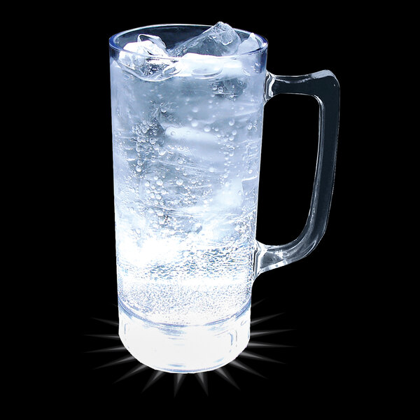 A clear plastic mug with ice water and a handle with 5 white LED lights.