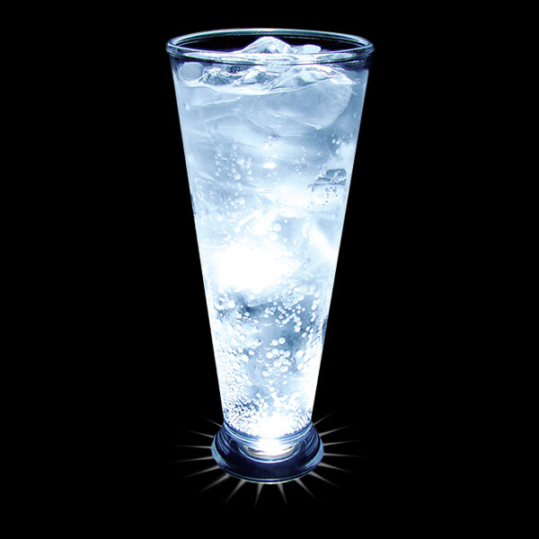 A customizable plastic pilsner cup with water, ice, and bubbles with a white LED light inside.