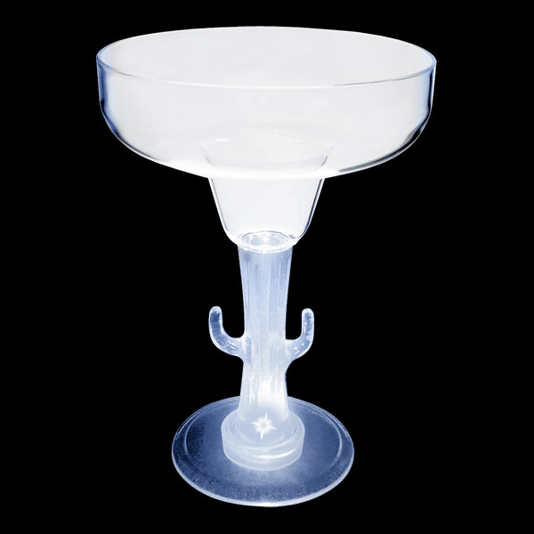 A clear plastic margarita cup with a cactus shaped stem.