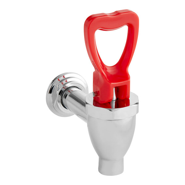 An Avantco faucet assembly with a red and white plastic handle on a chrome pipe.