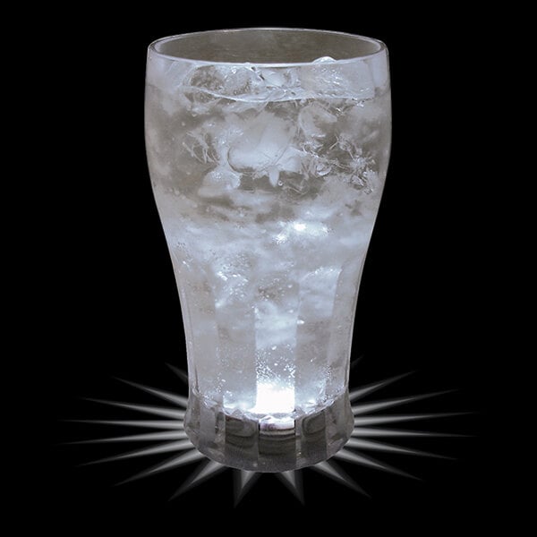 A customizable plastic soda cup with ice and a white LED light in it.