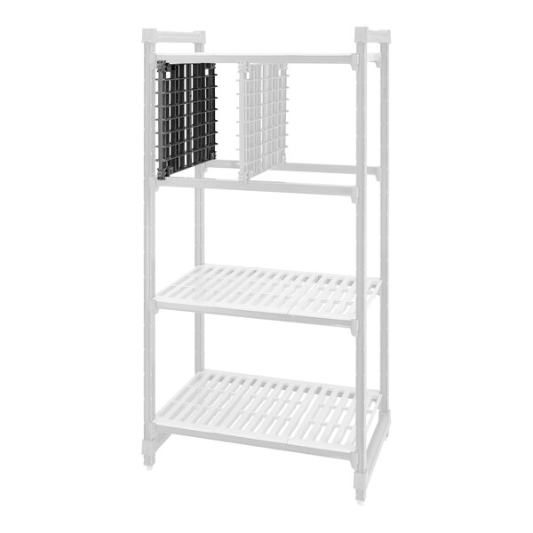A white plastic Cambro Camshelving add-on kit with three shelves and two baskets.