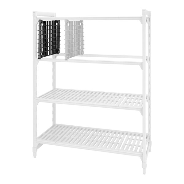 A white plastic shelving unit with three shelves.