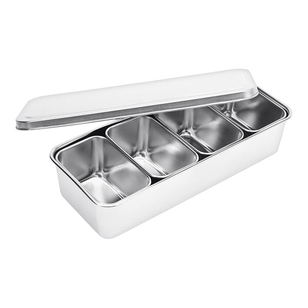 A silver Matfer Bourgeat stainless steel container with four compartments and a lid.