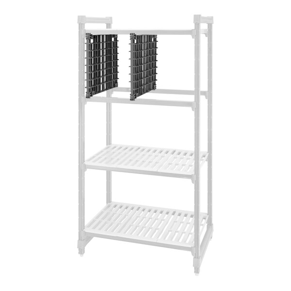 A white plastic Cambro Camshelving® storage rack starter kit with two shelves.