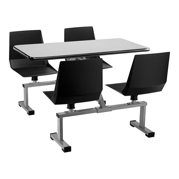 A National Public Seating Wild Cherry rectangular booth table with black seats and white edges.