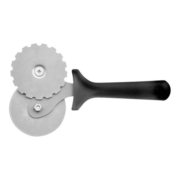A LloydPans stainless steel double wheel pizza cutter with a black handle.