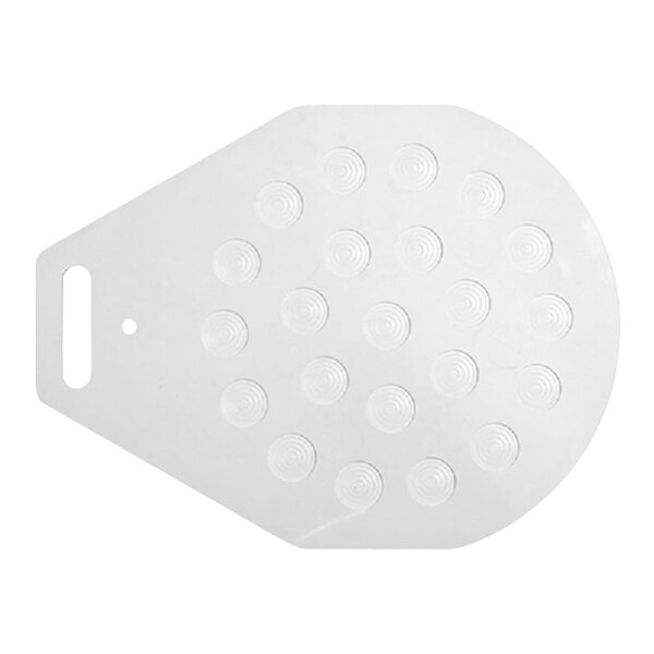 A white circular plate with holes and circles on it.