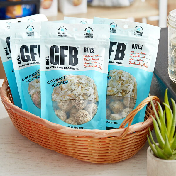 A basket of The GFB Coconut Cashew Bites on a table.