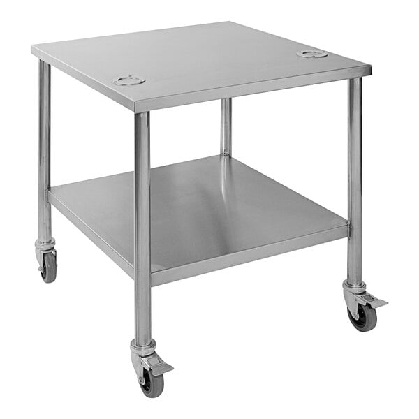 A Doyon stainless steel mixer stand with wheels.