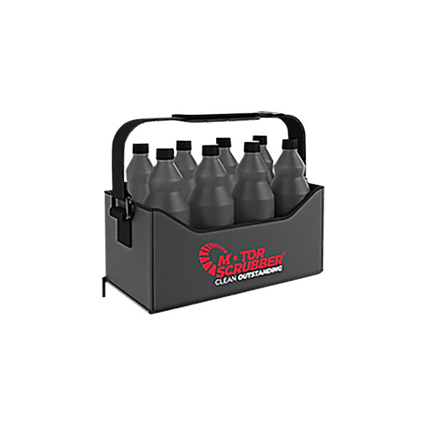 A black MotorScrubber foldable bottle carrier with black bottles inside.