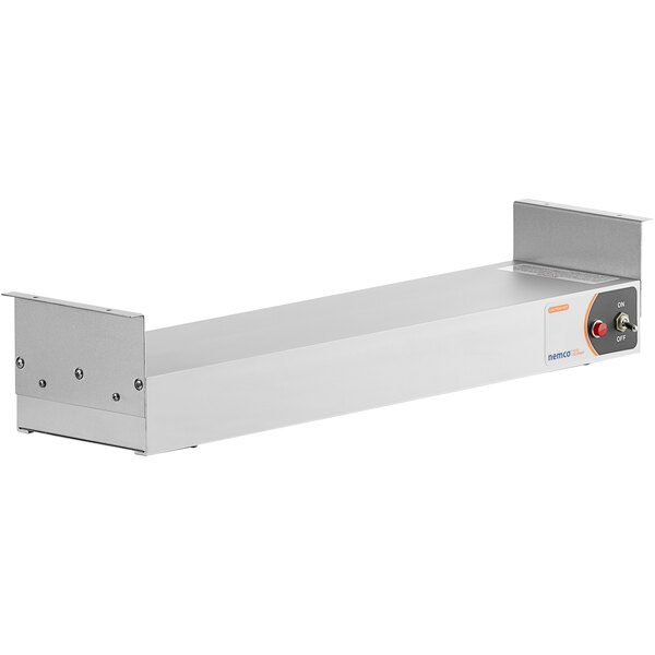 A stainless steel Nemco 24" infrared strip heater with a white rectangular object with a red button.