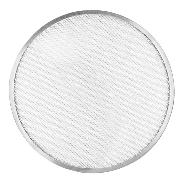 A close-up of a LloydPans aluminum pizza screen, a round metal grid.