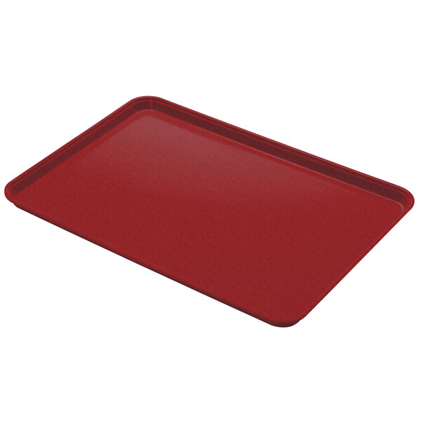 A red Cambro Camlite tray with a black border and a handle.