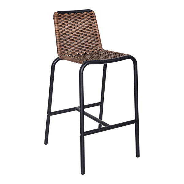 A BFM Seating black aluminum and brown rope wicker barstool with a black frame.