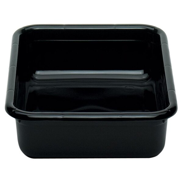 A black square Cambro bus tub with a flat bottom.