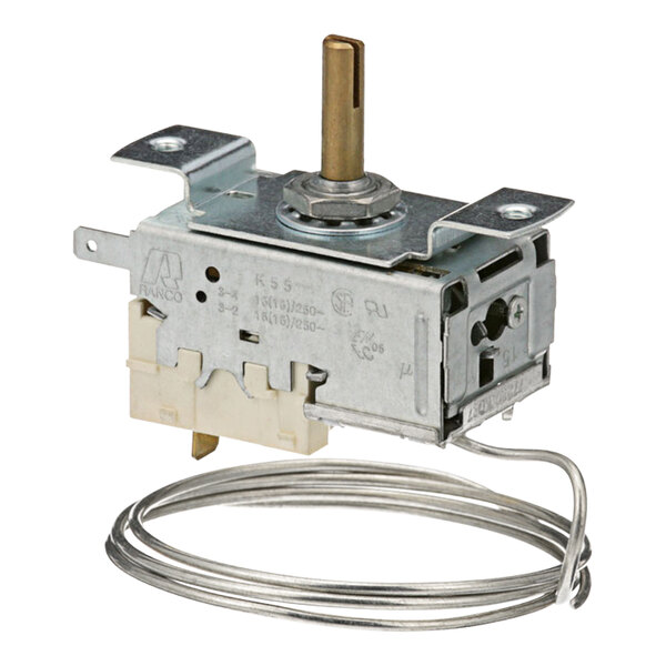 A small metal All Points thermostat with a wire attached to it.