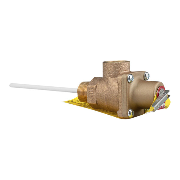 A brass All Points pressure and temperature relief valve with a yellow handle.