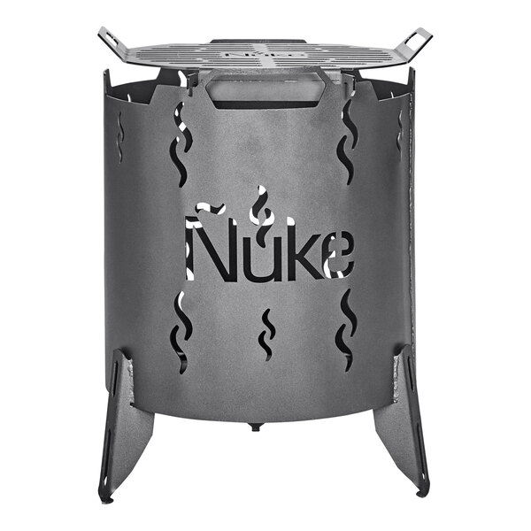A black Nuke metal fire pit with a logo on the cover.