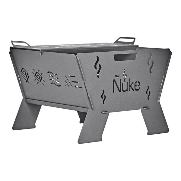 A grey metal Nuke BBQ Huapi wood fire pit with a handle.