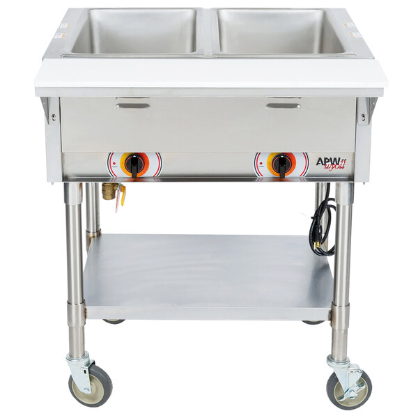 APW Wyott PST-2S Two Pan Exposed Portable Steam Table with Stainless Steel Legs and Undershelf - 1000W - Open Well, 120V