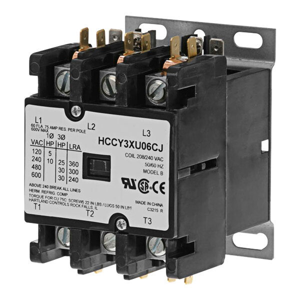 A close-up of a black and white All Points 3 pole contactor with three terminals.