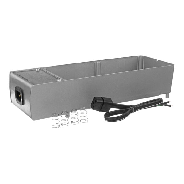A grey rectangular metal box with a wire and a black cord.