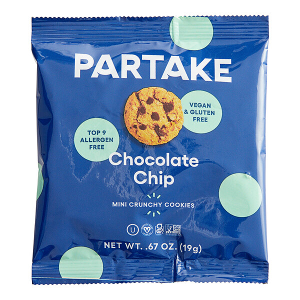 A blue bag of Partake Gluten-Free Mini Crunchy Chocolate Chip Cookies with white text and blue polka dots.