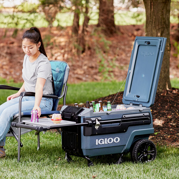 A woman sitting in a lawn chair next to an Igloo Trailmate Journey cooler on a grassy lawn.