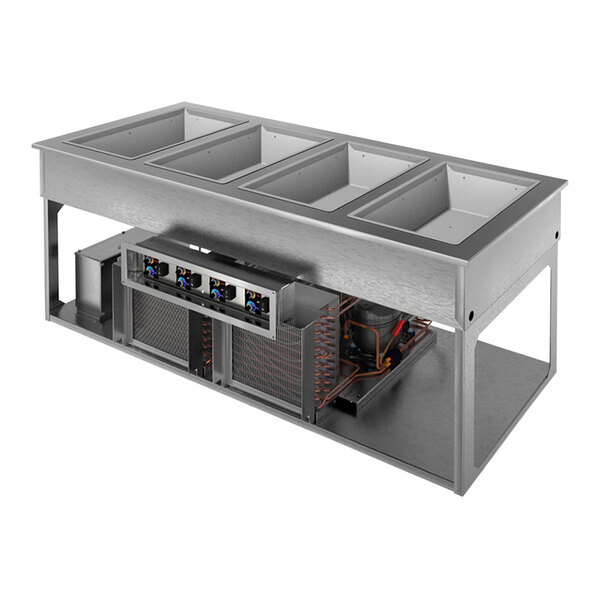 A stainless steel Delfield drop-in food well with four compartments.
