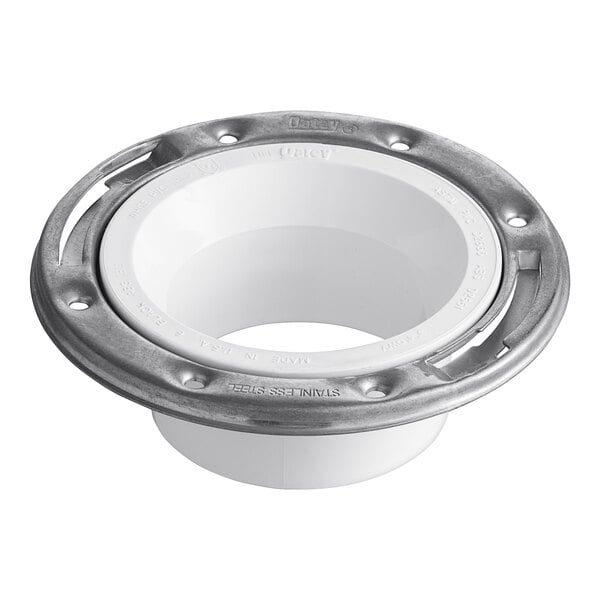 A white Oatey PVC water closet flange with a silver stainless steel ring.