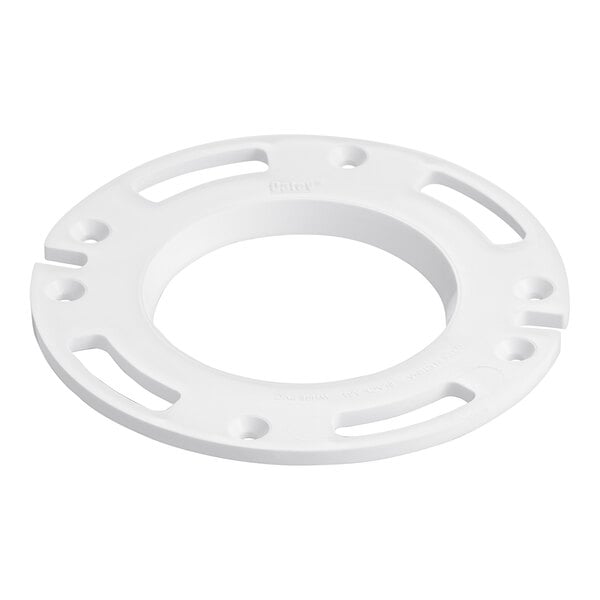 A white circular Oatey PVC water closet flange spacer with holes.