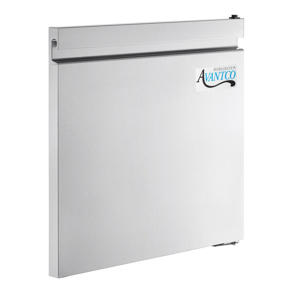 A white rectangular Avantco refrigerator door with a black handle.