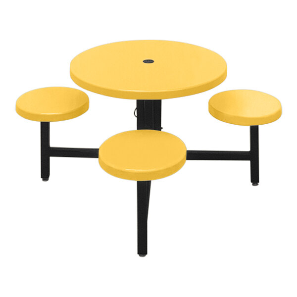 A marigold fiberglass children's table with four fixed stools on a black base.