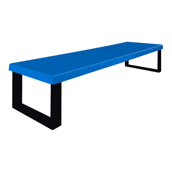A Sol-O-Matic Regal Blue fiberglass park bench with black legs.