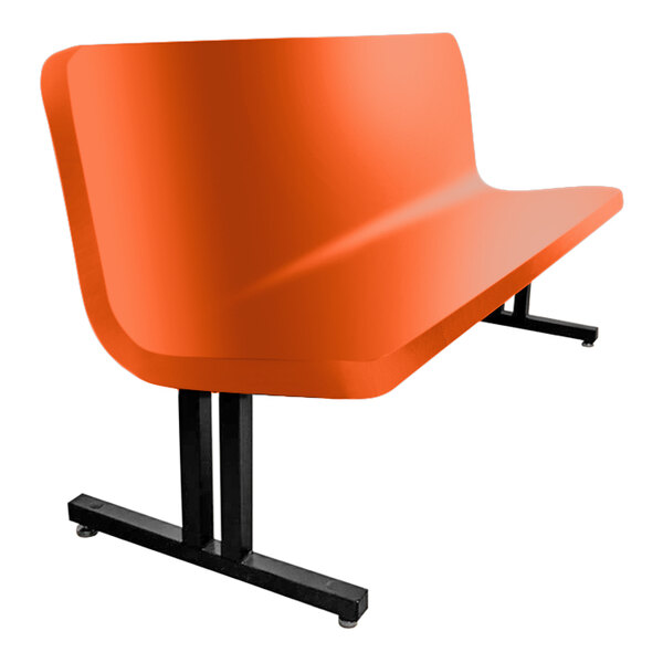 A Sol-O-Matic orange fiberglass bench with backrest and black legs.