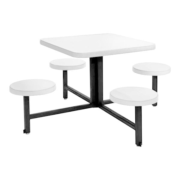 A white square fiberglass table with four fixed seats.