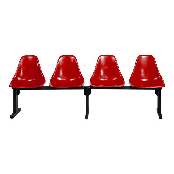 A row of three red Sol-O-Matic chairs with black legs.