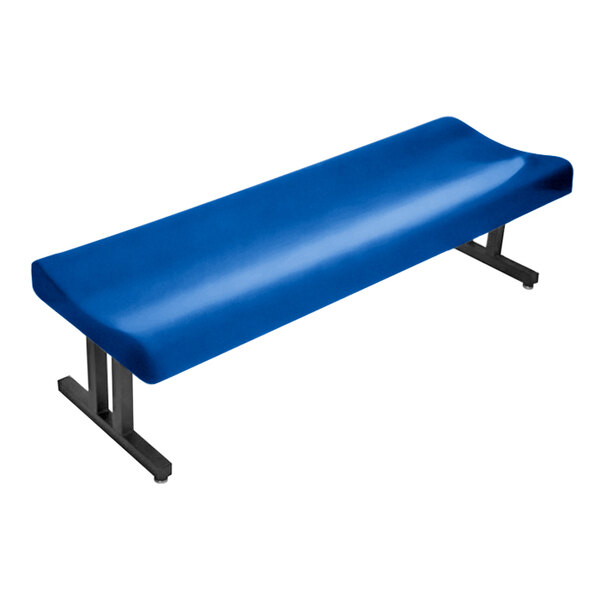 A Sol-O-Matic blue fiberglass bench with a black base.