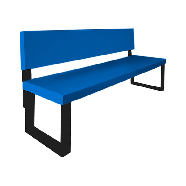 A close up of a blue Sol-O-Matic fiberglass park bench with black legs.