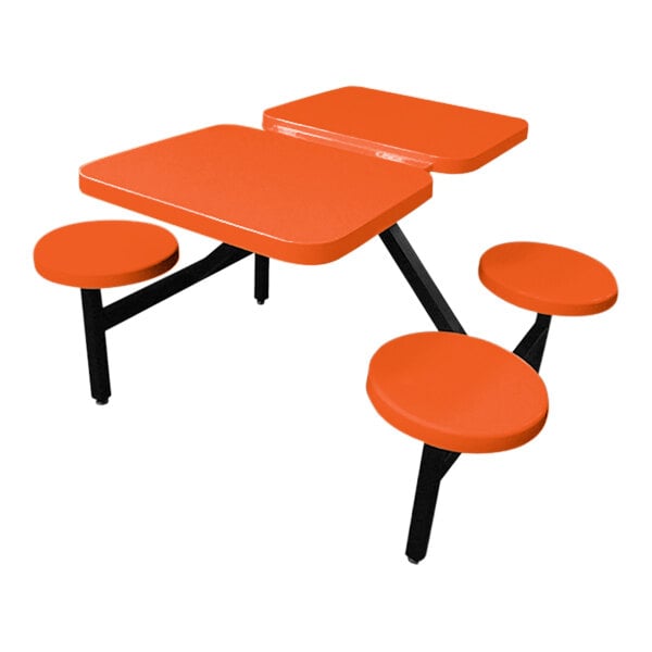 An orange fiberglass Sol-O-Matic picnic table with four fixed seats.