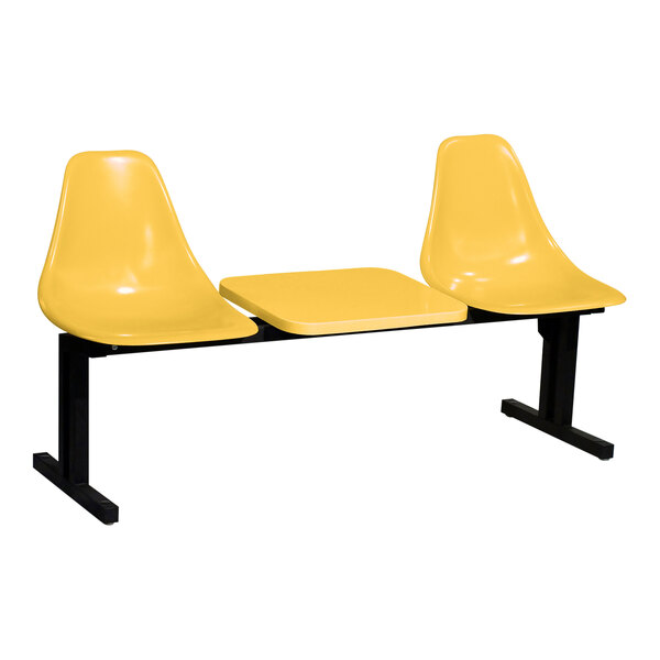 A Sol-O-Matic marigold modular seating unit with table, including two yellow plastic chairs with black legs on a table.