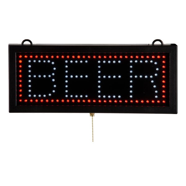 A rectangular black LED sign with the word "beer" in red and white lights.