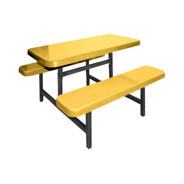 A yellow rectangular Sol-O-Matic picnic table with fixed bench seats.