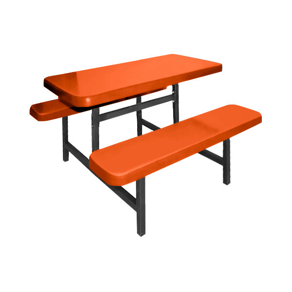 An orange Sol-O-Matic picnic table with fixed bench seats.