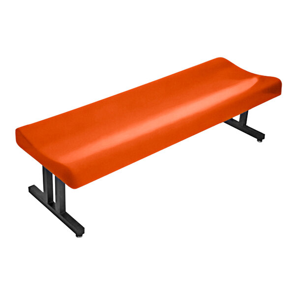 A red Sol-O-Matic fiberglass bench with black legs.