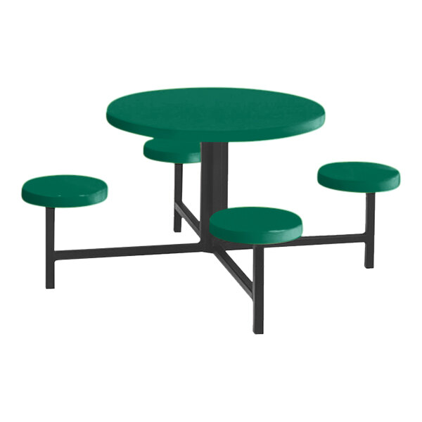 A hunter green round fiberglass table with four fixed seats.