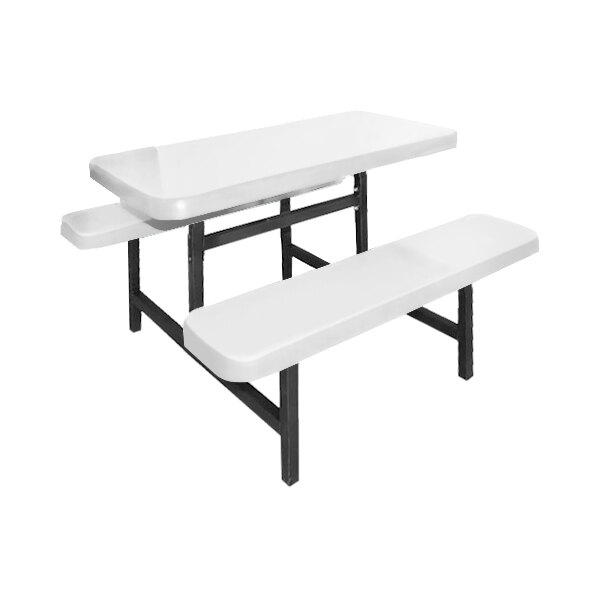 A white rectangular Sol-O-Matic picnic table with fixed bench seats.