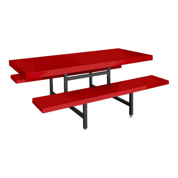A Sol-O-Matic red fiberglass picnic table with fixed bench seats.